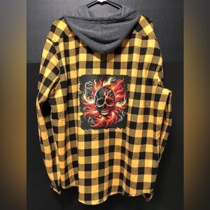 🪺Upcycled Yellow Black Plaid Flaming Skull Hooded Flannel